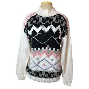 In Charge Cottagecore Sweater Women's Large Black Ivory Chunky Knit Long Sleeve